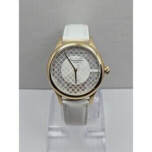 Kenneth Cole New York Lattice Dial Gold Womens Watches White Leather New Battery